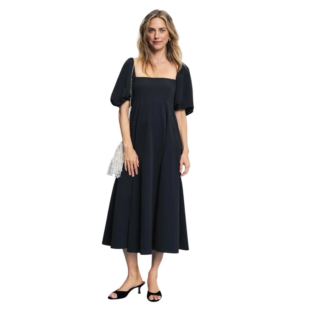 Hill House Home Athena Nap Dress Black Puff Sleeve Smocked Midi Recycled Crepe M